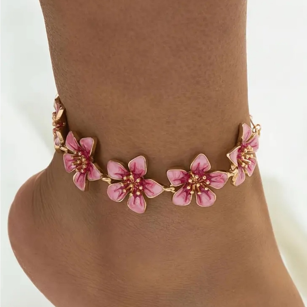 Pink Floral Chain Anklet - Gold Tone